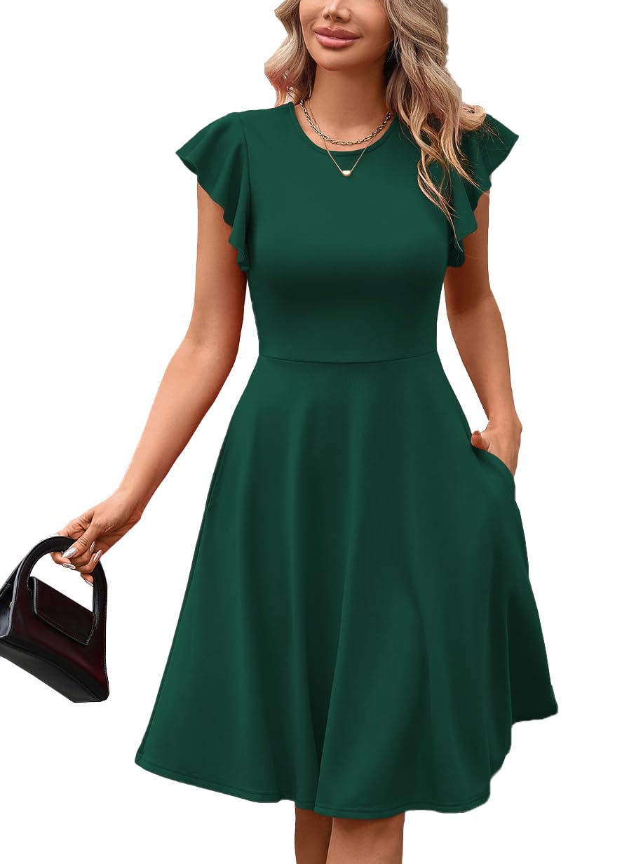 MSLG Women's Fit and Flare Ruffle Short Sleeves Dresses Work V-Back Cocktail Semi Formal A Line Dress with Pockets 842