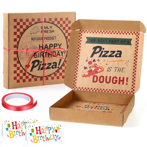 Feifeiya 2 Pcs Birthday Pizza Money Box for Cash Gift 10 x 10 Inch Pizza Boxes Money Holder Fun Gift for Surprise Funny Classic Happy Birthday Graduation Party Celebration (Cash Not Include) (Brown)