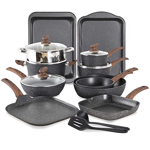 MAISON ARTS 17 Piece Pots and Pans Set Non Stick, Kitchen Cookware Sets with Nonstick Granite Stone Coating, Suitable for Induction Cooktops, Black