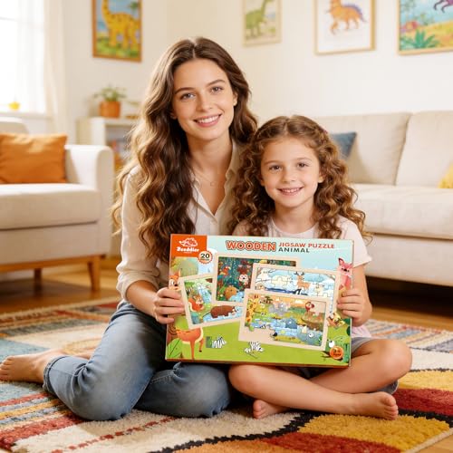 Image of Zeoddler Jumbo Wooden Puzzles for Toddlers, 4 Pack Animal Jigsaw Puzzles for Kids3-5, 20 Pieces Preschool Learning Activities, Learning & Educational Toys, Gift for Boys, Girls
