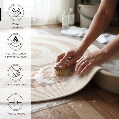 Image of Encasa XO Oval Braided Area Rug for Living Room & Bedroom | Cotton Blend Reversible Floor Carpet | Handwoven Natural Fiber Boho Room Decor | Washable | Beige & Off-White-1 (122x183 cm) | 4x6 Ft