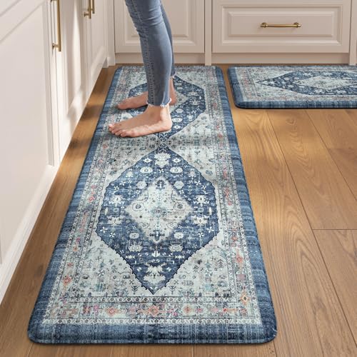 Collive Boho Kitchen Rugs Set of 2 Non Skid Kitchen Mats for Floor Cushioned Anti Fatigue Kitchen Floor Mats Waterproof Comfort Heavy Duty Foam Mats for Standing Desk Sink Laundry, 17"x30"+17"x59"