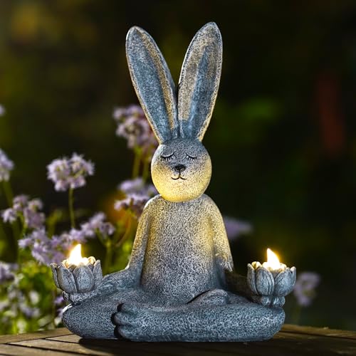 Lapin de jardin avec lampes solaires led lotus assis en resine durable