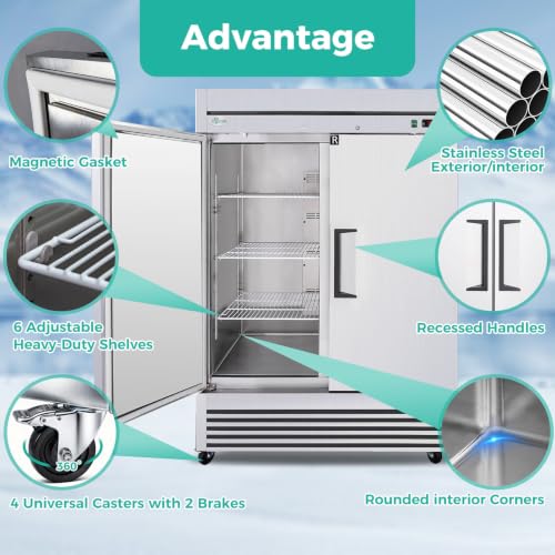 Image of COOLCHEF 54 inch Commercial Refrigerator 49 Cu.Ft, Stainless Steel 2 Door Reach-in Fridge, 33-40℉, Air Cooling, LED Light, 6 Shelves, R290, ETL