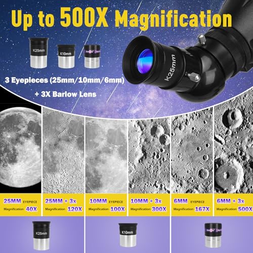 Image of HETEKAN Telescope, Telescope for Adults High Powered, 90mm Aperture 1000mm Refractor Telescopes for Beginners, Magnification 500X, with Three Eyepieces, Phone Adapter & Carrying Bag (Purple)