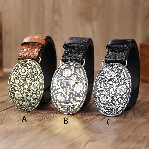 Western PU Leather Cowboy Cowgirl Belt for Men & Women - Vintage Flower Buckle Embossed Leather Belts for Jeans Pants4
