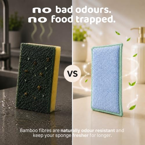 Image of Bamboo Fiber Dish Wash Scrub for Utensils (Pack of 2)|Gentle Dish Scourer for Glass and Ceramics|Dual Sided Action|Quick Dry Dishwash Sponge|High Absorbent Kitchen Sponge|Tough on Grease