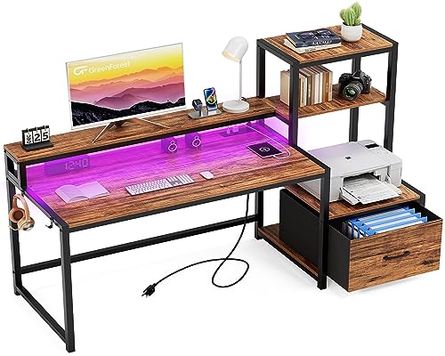 GreenForest Computer Desk with Drawer and Printer Shelf, Reversible 68.8 inch Home Office Desk with LED Lights and Power Outlets, Monitor Stand and Hooks for Study Gaming Working, Walnut GreenForest Computer Desk with Drawer and Printer Shelf, Reversible 68.8 inch Home Office Desk with LED Lights and Power Outlets, Monitor Stand and Hooks for Study Gaming Working, Walnut