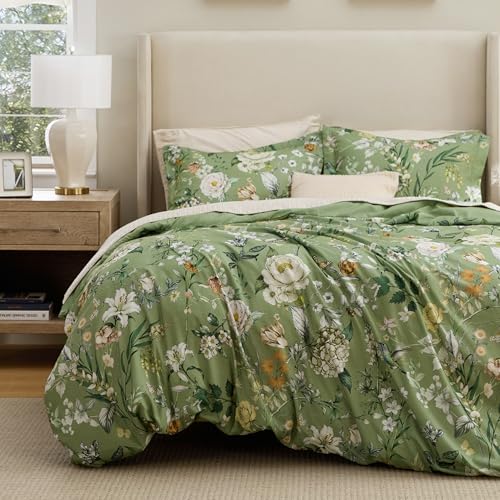 Image of Bedsure Duvet Cover Queen Size - Reversible Green Floral&Bird Duvet Cover Set with Zipper Closure, 3 Pieces Mistletoe Bedding Set with 8 Corner Ties and 2 Pillow Shams 20 inchx26 inch