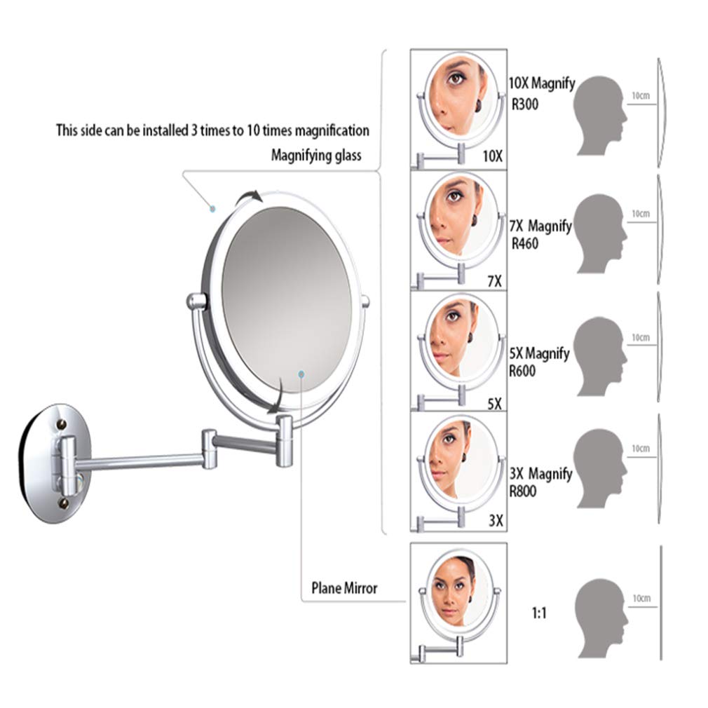 Espejo de maquillaje LED de doble cara de 360°, espejo de tocador montado en la pared con aumento de 7X/10X, extensible para una rutina de belleza definitiva en el baño