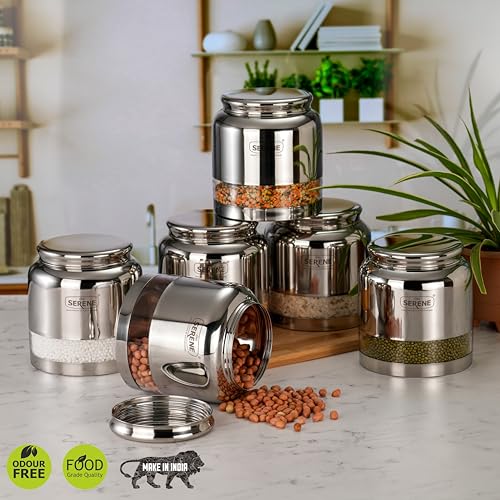 Image of Serene Stainless Steel Exotic See-Through Jar | Airtight Jars for Kitchen Storage | Premium Steel Jars with One Turn Lock Lid | Transparent Stainless Steel Containers | 2000ML | 6 PC