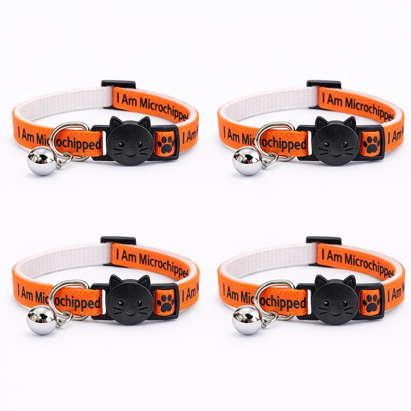 Worded Cat Collars – Please Do Not Feed Me, I Am Microchipped | Safe Quick Release Breakaway Buckle | Zacal Cat Collars (Pack of 4, Orange, I Am Microchipped)
