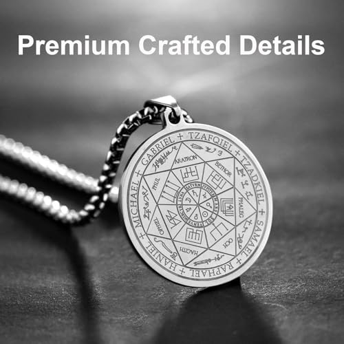 FLYUN Seven Archangels Pendant Necklace For Men Women Protection Amulet Archangel Michael Coin Pendant Necklace Gabriel Uriel Spiritual Stainless Steel Medal Necklace 24 inches4