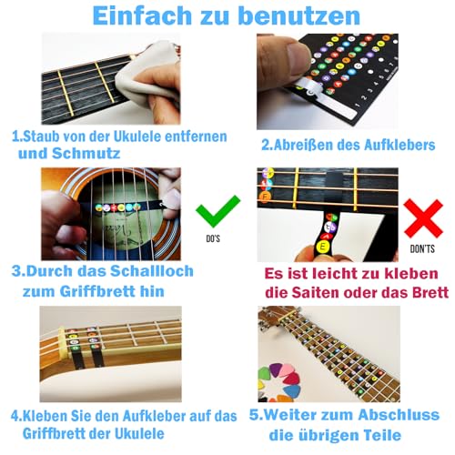 JUNLEGO Ukulele Anfänger Kit: Akkorddiagramm, Griffbrett-Aufkleber, Plektren - Schwarz und Weiß Vinyl, Ukulele Zubehör