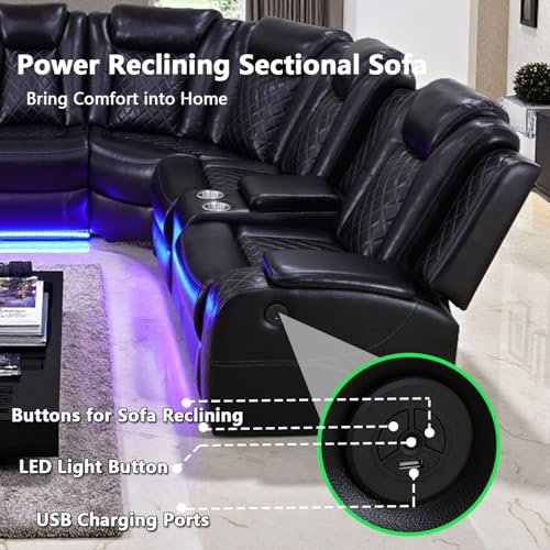 Image of Power Reclining Sectional Sofa Set with LED Light, Leather Sectional Couches, Living Room Furniture Sets, Modern Power Recliner Sofa Sets with 3 Recliner Seater, Couches for Living Room