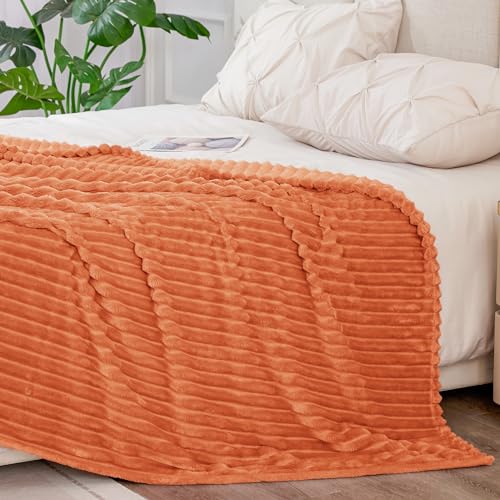 Image of BEDELITE Fleece Blanket King Size - 3D Ribbed Jacquard Soft and Warm Decorative Blankets - Cozy, Fuzzy, Fluffy, Plush Lightweight Throw Blankets for Couch, Bed, Sofa(Orange, 108x90 inches)