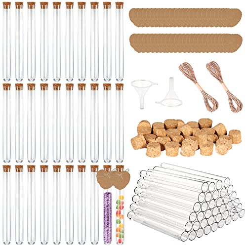 Tube a Essai Plastique Transparent avec Bouchon en Liège 30 Pièces Tubes à Essais de Laboratoire Eprouvette Plastique pour Cadeaux de Mariage Fleurs 15ml Corde de Chanvre de 10 m 2 Entonnoirs