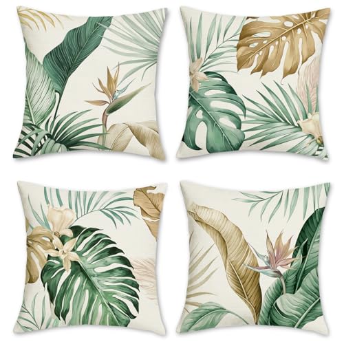 Bonhause Housse de Coussin Feuilles Tropicales 45 x 45 cm Feuille Brun Vert Polyester Lin Décoratif Taie d'oreiller pour Canapé Maison Jardin Extérieur Été...