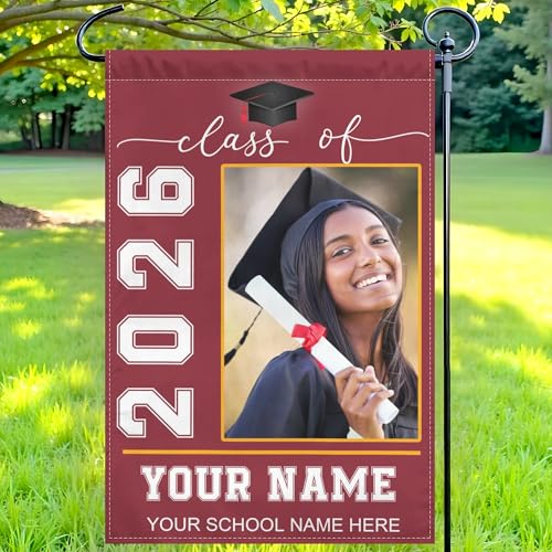Personalized Graduation Garden Flag Class of 2026 Custom Name & Photo Yard FlagCustom Graduation Outdoor Decor for High School College Graduate Proud Family Lawn Flag 12x18 28x40 36x60 Inches D01