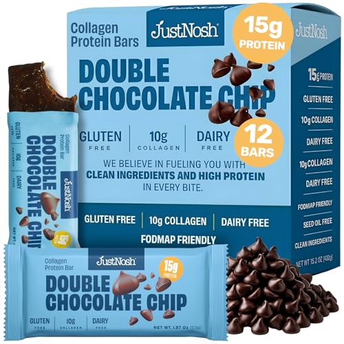JUSTNOSH Double Chocolate Chip Collagen Protein Bars 15g Protein 10g Collagen | Gluten & Dairy Free Low FODMAP Seed Oil Free (12 Pack)