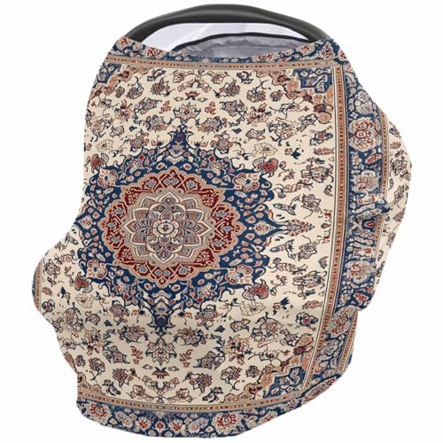 Nursing Cover for Breastfeeding Scarf, Complex Navy Blue Beige Ethnic Print Baby Car Covers Super Soft Multi Use for Canopy Shopping Cart Cover Blanket Stroller Cover