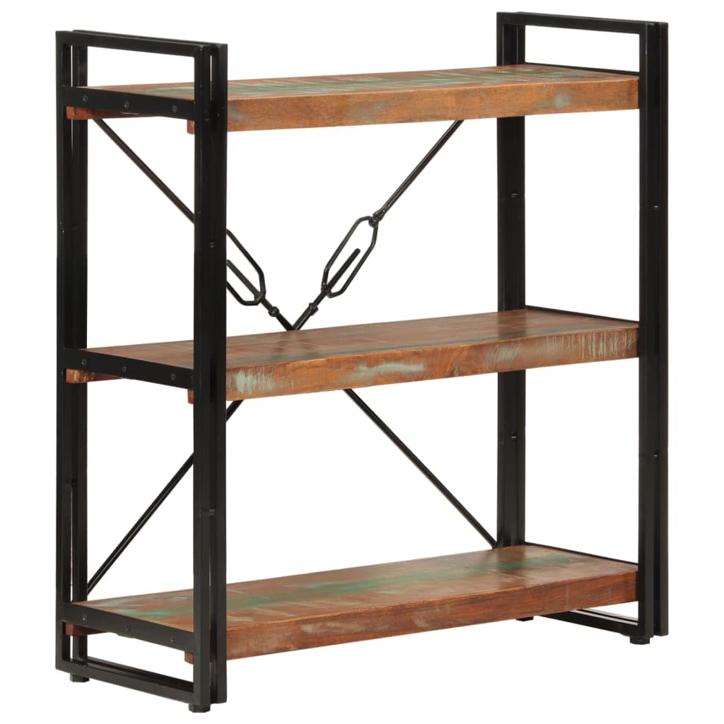 Librería con 3 compartimentos de madera maciza reciclada y hierro en estilo industrial y diseño retro, estantería de madera envejecida de 77 x 30 x 80 cm con 3 estantes y marco de acero con