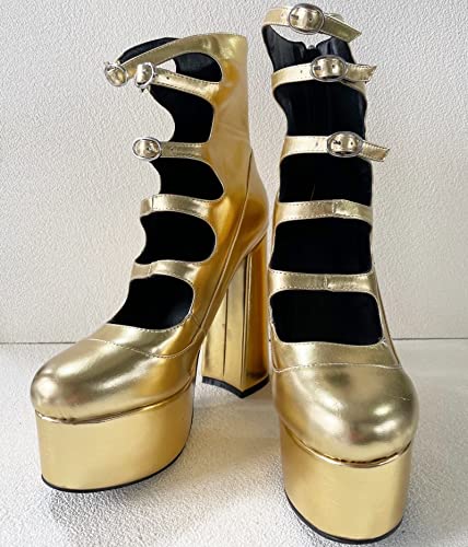 Frankie Hsu Gold Lolita Women's Big Large Size Performer Cosplay Club Dancing Buckle Strap Plain Platform Chunky Block High Ankle Heeled Sandal Boots Bootie Shoes2