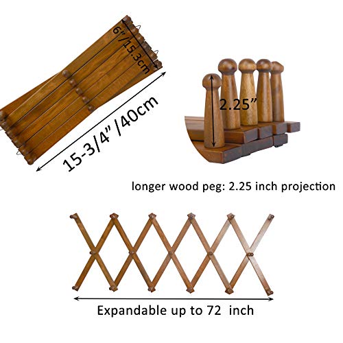 WEBI Accordian Wall Hanger,Expandable Wooden Coat Rack,Hat Rack for Wall,Accordion Wall Rack for Hats,Caps,Coffee Mugs,17 Peg Hooks,Rustic Brown - Thumbnail 2