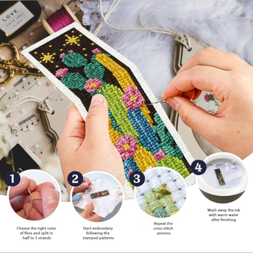 Image of INFUNLY 6pcs Dark Cactus Cross Stitch Bookmark Kit for Beginners DIY Cactus Grove Embroidery Bookmark Kits Night Plants Needlepoint Kit with Instruction Easy Cross Stitch Set for Book Lovers Readers