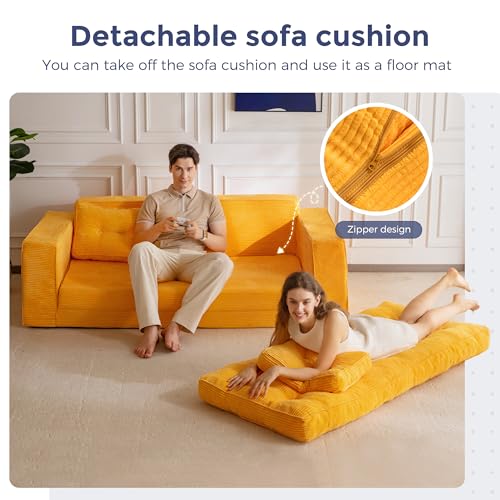 Image of MAXYOYO Convertible Sofa Bed, Pull Out 3 Seater Sofa Couch, 2 in 1 Folding Couch Bed, Fold Out Floor Couch with Pillows for Living Room Bedroom, Orange