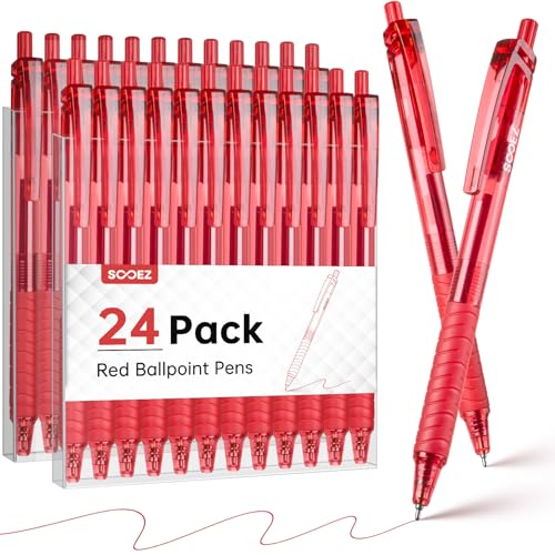 Image of Sooez 24 Pack Bulk Pens Ballpoint, Retractable Red Ink Pens, Smooth Writing