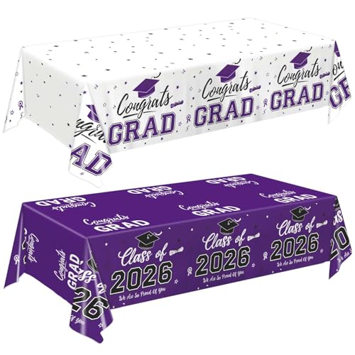 Oigco 2026 Graduation Decorations, 2 Pack Purple Graduation Tablecloths Class of 2026, Congrats Grad Plastic Table Cloths for Graduation Party Decorations, 54 x 108 Inch by Oigco - Used condition - US$6.68
