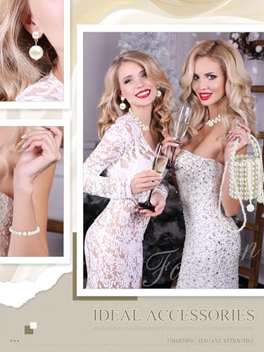Jewelry Set for Women Pearl Beaded Purse with Chain Large Faux Pearl Necklace Dangle Earrings Choker Bracelet Set for Wedding Costume Accessories Birthday Tea Party Valentine Holiday Gift4