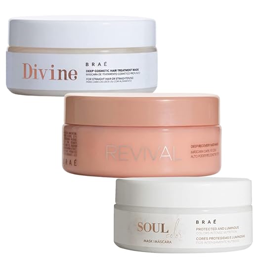 Máscara Braé Kit 3 Máscaras Capilares Profissionais - Revival, Divine e Soul Color (3x 200g) - Brilho e Cor Vibrante - BRAÉ