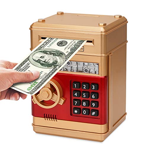 Adevena Electronic Piggy Bank, Mini ATM Password Money Bank Cash Coins Saving Box for Kids, Cartoon Safe Bank Box Perfect Toy Gifts for Boys Girls (Gold)