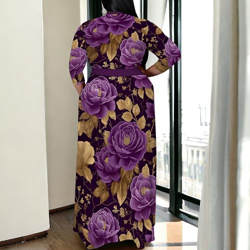 Image of SUZONANA Plus Size Maxi Dresses for Curcy Women Casual Loose 3 /4 Sleeve Long Dress with Belt