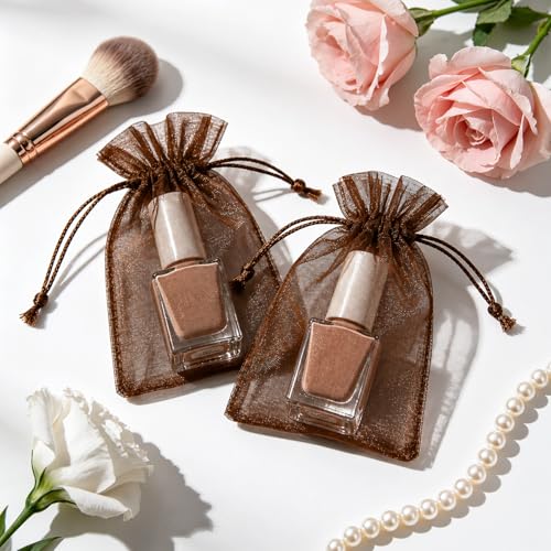 Image of joycraft 50Pcs Coffee Brown Organza Bags - 2.7x3.5 In Holiday Sheer Drawstring Pouch, Small Jewelry Organza bags for Wedding Favor, DIY Craft, Christmas, Thanksgiving
