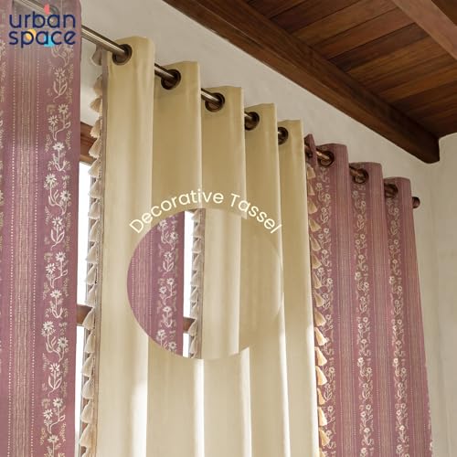 Image of Urban Space Printed 100% Cotton Curtains for Door, Combo Set of 3 Curtains 7 Feet Long, Tieback & Eyelets Included with Curtains for Home Decor (Garden Trail Muddy Pink & Aura Beige, 7 Feet)