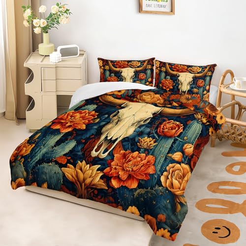 Image of AILONEN Bull Skull Comforter Set Queen Size,Southwestern Floral Cactus Digital Bedding Sets,1 Quilt and 2 Pillowcases,3 Pieces