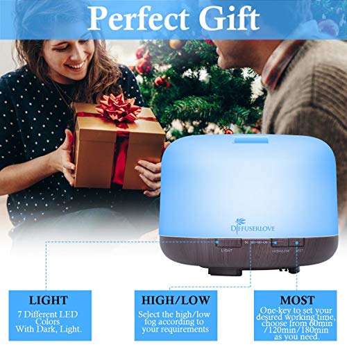 Diffuserlove Essential Oil Diffuser 500Ml Ultrasonic Aromatherapy Diffuser Mist Humidifiers With Mute Design, Timer And Waterless Auto Shut-Off, 7 Color Led Lights For Office Home Bedroom #TOP5