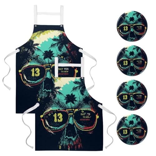 Tablier de serveuse pour restaurant et bar avec motif crâne vintage multicolore