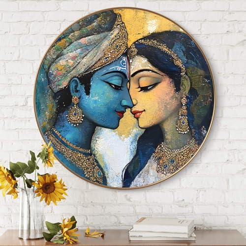 Image of Livin'luxe Radha Krishna Round Art Print with Golden Frame | Abstract Artistic Divine HD Art Print for Living Room Pooja Room Home Decor (23x23 Inch) Art-GR-207