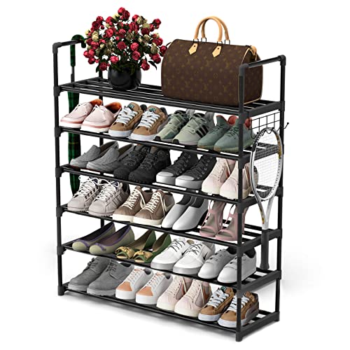 6 Tiers Metal Shoe Rack,Adjustable Shoe Shelf Storage Organizer with Hooks,Stackable Boot & Shoe Storage,for Entryway,Hallway,Closet,Black