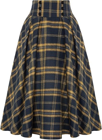 Belle Poque Geruite damesrok, vintage, hoge taille, A-lijn, midi-rok met zakken, Geel Blauw Plaid, L