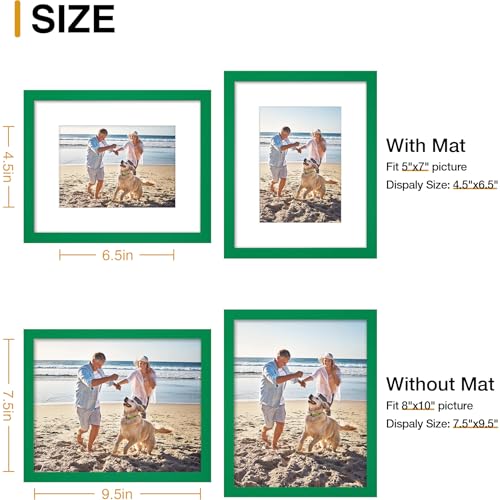 decorUhome 8x10 Picture Frame, Display Photos 5x7 with Mat or 8x10 Unmatted, Engineered Wood Frame with Plexiglass for Wall and Tabletop Display, Green, Set of 1