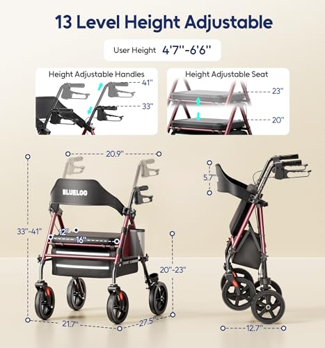 Bluelog Walkers for Seniors Rollator Walkers with Seat, 350lb Capacity with Cup Holder & Cane Holder, 8\'\' All Terrain Wheels, Adjustable Handles and Seat Height, Foldable Design, Burgundy