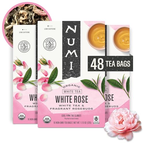 Image of Numi Organic White Rose Tea, 48 White Tea Bags, Low Caffeine | Floral White Tea with Real Rosebuds
