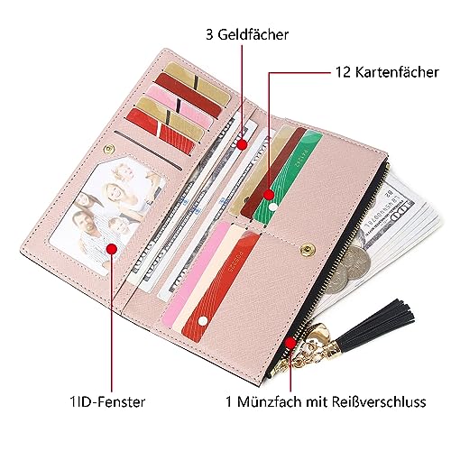 Women's Slim Wallet, Black Leather, Lightweight, Minimalist Design, 12 Credit Card Slots, ID Window, 3 Large Cash Compartments, Zipper Pocket for Coins4