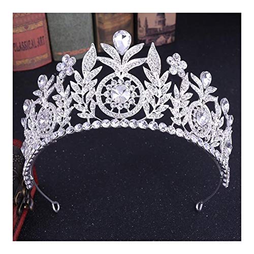 AdorabFruit Headdress Leaf Rose Pink Crystal Princess Bridal Crowns For Women Flowers Noble Big Tiaras Wedding Jewelry Hair Accessories (Metal color : Silver White)