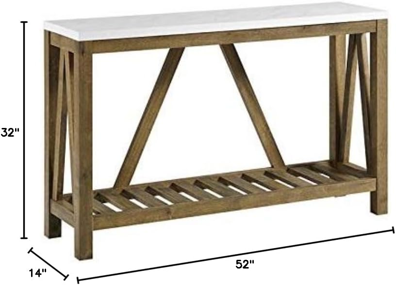 Pemberly Row 52" Console Table, Faux Marble Top, Walnut Finish, MDF and Laminate Construction, Rustic A-Frame Design, Spacious Tabletop and Slatted Shelf, Entryway or Living Room Use